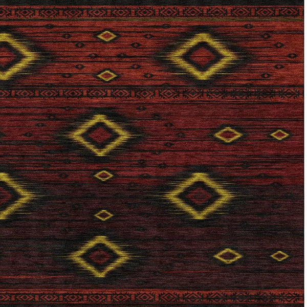 HomeRoots 8' Bold Red, Black & Gold Tribal Round Washable Rug with UV Protection for High-Traffic Areas 708919
