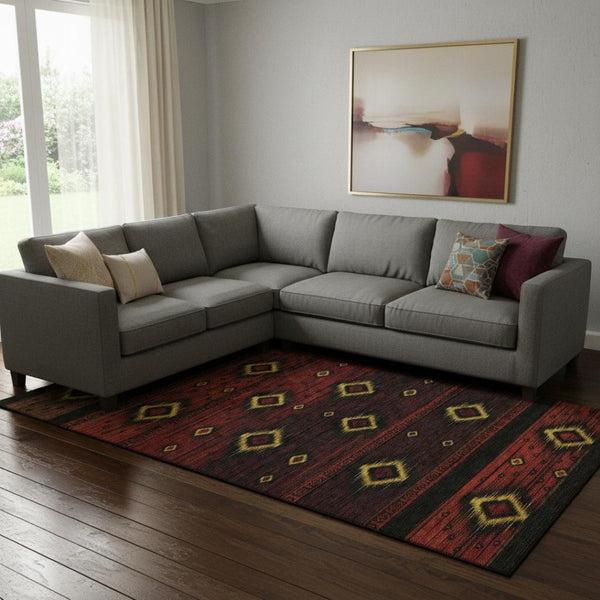 HomeRoots 9' X 12' Vibrant Red Black Gold Tribal Area Rug - Washable, UV Protected, Stain Resistant & Durable 708921