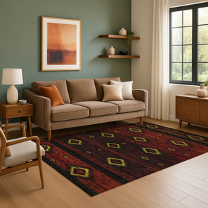 HomeRoots 9' X 12' Vibrant Red Black Gold Tribal Area Rug - Washable, UV Protected, Stain Resistant & Durable 708921