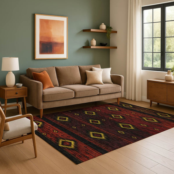 HomeRoots 9' X 12' Vibrant Red Black Gold Tribal Area Rug - Washable, UV Protected, Stain Resistant & Durable 708921