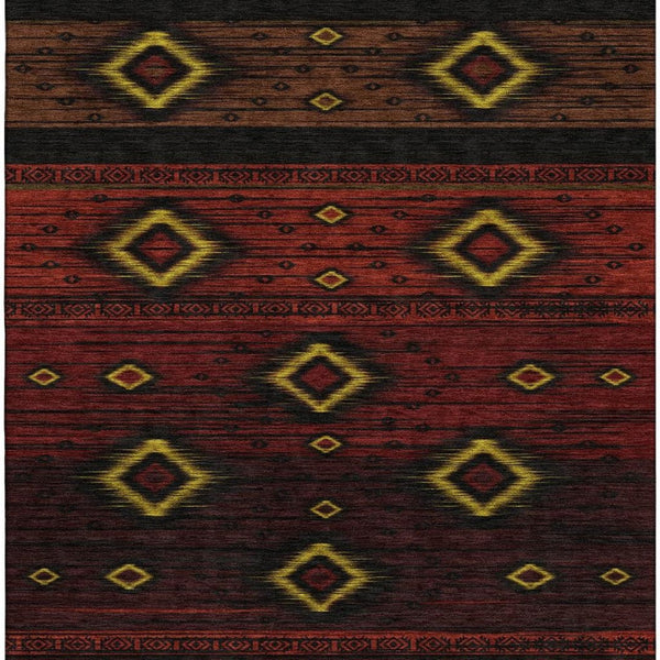HomeRoots 9' X 12' Vibrant Red Black Gold Tribal Area Rug - Washable, UV Protected, Stain Resistant & Durable 708921