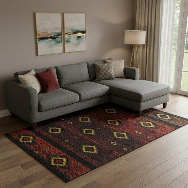 HomeRoots 10' Eye-Catching Red, Black & Gold Tribal Washable Area Rug - UV Protected, Kid & Pet Friendly! 708922