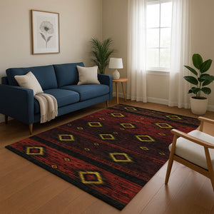 HomeRoots 10' Eye-Catching Red, Black & Gold Tribal Washable Area Rug - UV Protected, Kid & Pet Friendly! 708922