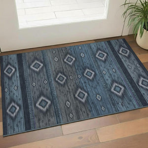 HomeRoots 5' X 8' Teal and Gray Tribal Washable Area Rug - Durable, UV-Protected, Perfect for Busy Homes! 708924