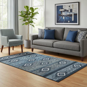HomeRoots 8' Teal and Gray Tribal Washable Round Rug - UV Protected, Stain Resistant, Perfect for Busy Homes 708925