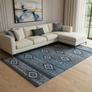 HomeRoots 9' X 12' Teal and Gray Tribal Area Rug – Washable, UV-Protected, Stain-Resistant, Durable Design! 708927