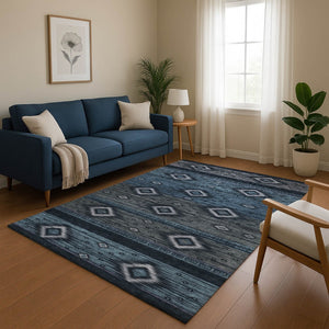 HomeRoots 9' X 12' Teal and Gray Tribal Area Rug – Washable, UV-Protected, Stain-Resistant, Durable Design! 708927