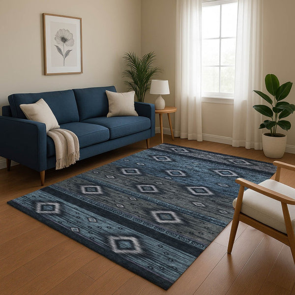 HomeRoots 9' X 12' Teal and Gray Tribal Area Rug – Washable, UV-Protected, Stain-Resistant, Durable Design! 708927