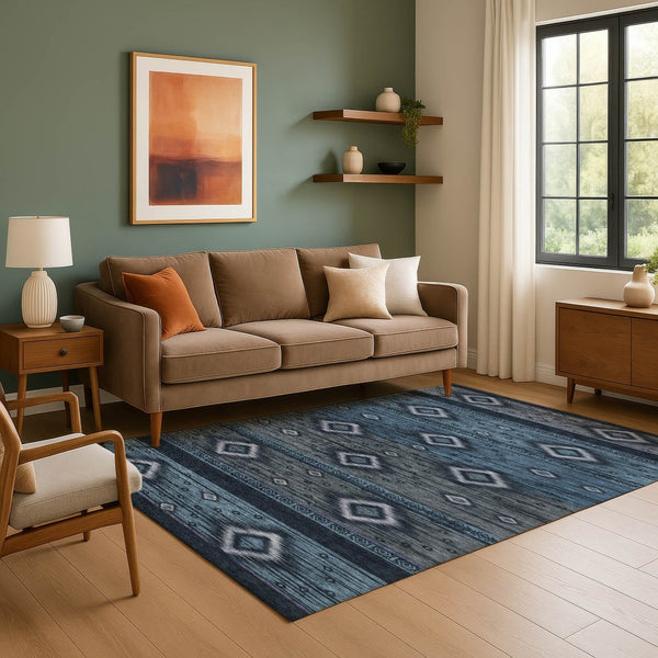 HomeRoots 9' X 12' Teal and Gray Tribal Area Rug – Washable, UV-Protected, Stain-Resistant, Durable Design! 708927