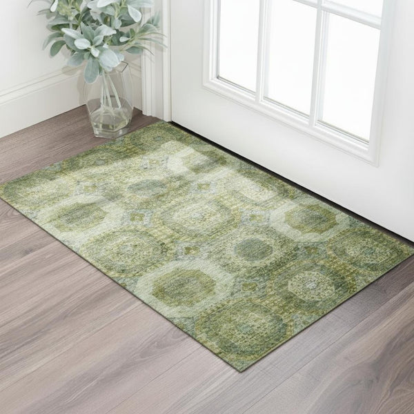 HomeRoots 5' X 8' Artichoke Green & Beige Geometric Rug - Washable, Stain-Resistant, UV Protected Beauty! 708930
