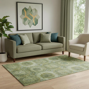 HomeRoots 8' Artichoke Green Round Rug - Abstract Geometric Design, Washable, UV-Protected, Stain-Resistant 708931