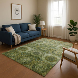 HomeRoots 8' Artichoke Green Round Rug - Abstract Geometric Design, Washable, UV-Protected, Stain-Resistant 708931