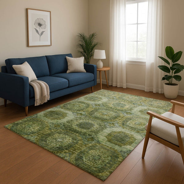 HomeRoots 8' Artichoke Green Round Rug - Abstract Geometric Design, Washable, UV-Protected, Stain-Resistant 708931