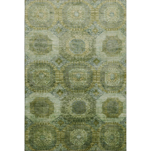 HomeRoots 8' Artichoke Green Round Rug - Abstract Geometric Design, Washable, UV-Protected, Stain-Resistant 708931