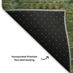 HomeRoots 8' Artichoke Green Round Rug - Abstract Geometric Design, Washable, UV-Protected, Stain-Resistant 708931