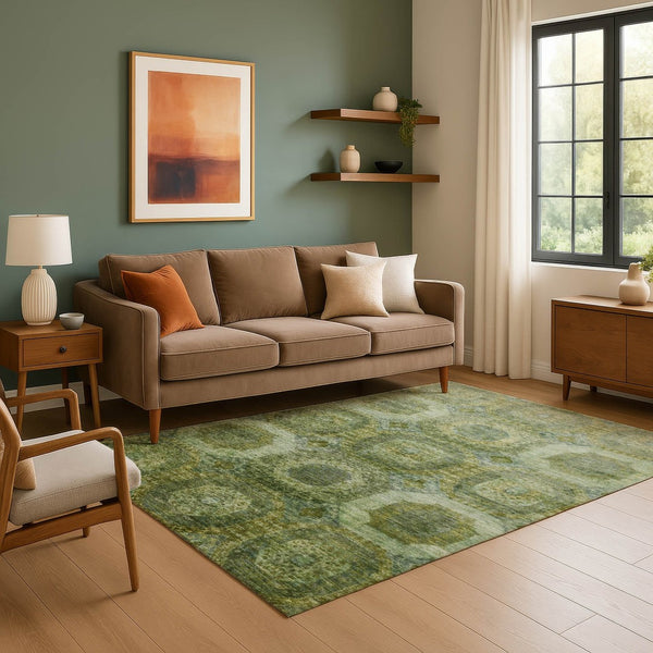 HomeRoots 8' Artichoke Green Round Rug - Abstract Geometric Design, Washable, UV-Protected, Stain-Resistant 708931