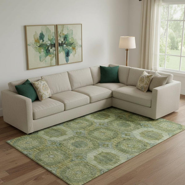 HomeRoots 10' Artichoke Green & Beige Abstract Geometric Area Rug - Washable, UV Protected, Durable Design 708934