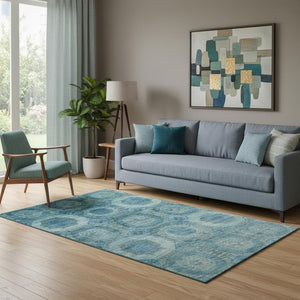 HomeRoots 8' Blue and Sky Blue Abstract Geometric Washable Round Rug - Soft, Durable, UV Protected & Non-Slip 708937