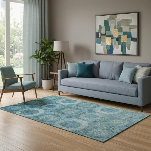 HomeRoots 8' Blue and Sky Blue Abstract Geometric Washable Round Rug - Soft, Durable, UV Protected & Non-Slip 708937