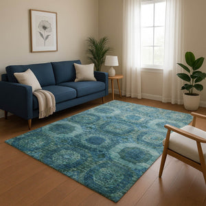 HomeRoots 8' Blue and Sky Blue Abstract Geometric Washable Round Rug - Soft, Durable, UV Protected & Non-Slip 708937
