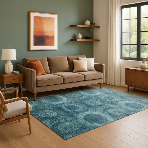 HomeRoots 8' Blue and Sky Blue Abstract Geometric Washable Round Rug - Soft, Durable, UV Protected & Non-Slip 708937