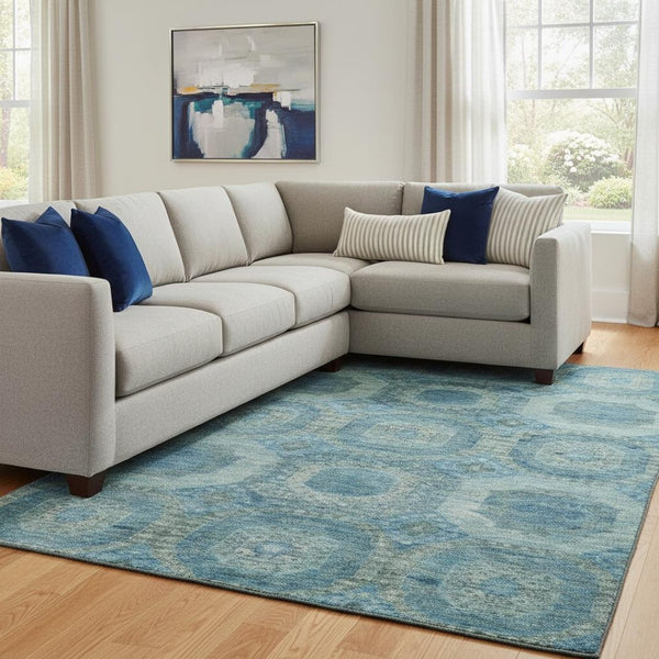 HomeRoots 9' X 12' Blue & Sky Blue Abstract Geometric Washable Area Rug for High-Traffic Homes & Kids 708939