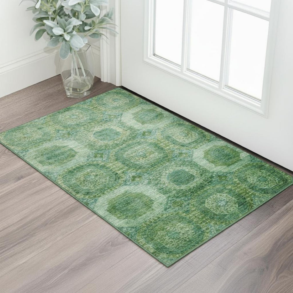 HomeRoots 5' X 8' Emerald Green Abstract Geometric Washable Area Rug - UV Protected, Kid & Pet Friendly! 708942