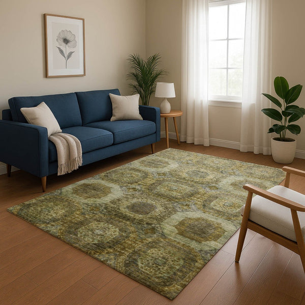HomeRoots 5' Gold Beige and Brown Abstract Geometric Area Rug - Washable, UV Protected, Ideal for Homes 708948