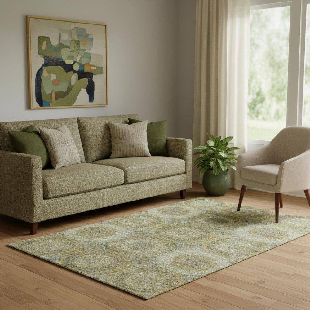 HomeRoots 8' Gold Beige and Brown Abstract Geometric Round Rug – Washable, UV-Protected, Non-Slip Design 708949