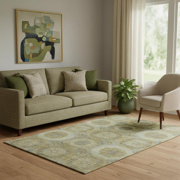 HomeRoots 8' Gold Beige and Brown Abstract Geometric Round Rug – Washable, UV-Protected, Non-Slip Design 708949