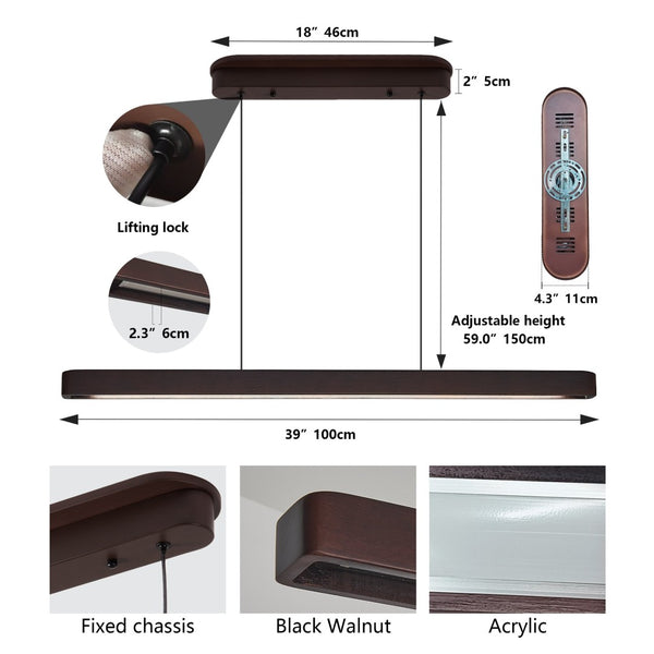 English Elm 39-inch Walnut Wood Led Bar Pendant Dimmable Fixture for Dining and Kitchen Islands W1340P264188