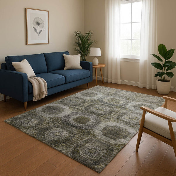 HomeRoots 9' X 12' Stylish Pewter Gray and Beige Geometric Washable Area Rug with UV Protection & Durability 708969