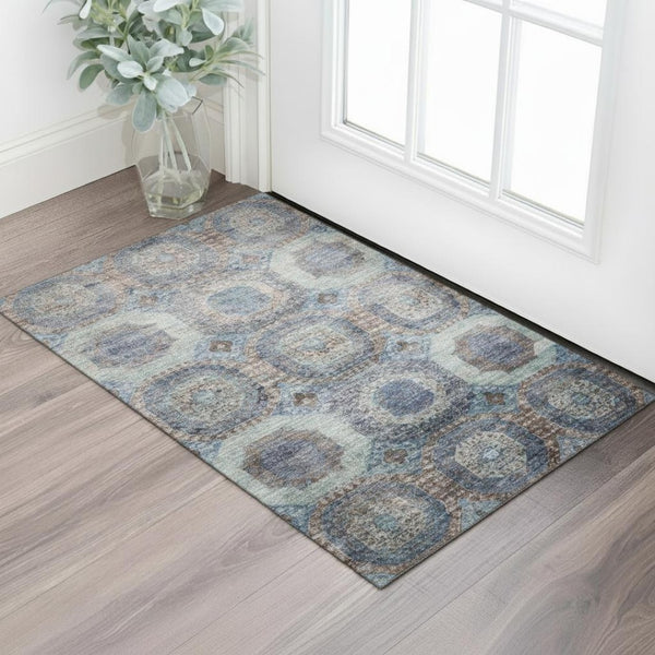 HomeRoots 5' X 8' Teal Gray & Blue Abstract Geometric Washable Area Rug with UV Protection for Busy Homes 708978