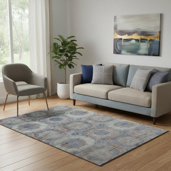 HomeRoots 8' Teal Gray and Blue Abstract Geometric Round Rug – Washable, UV Protected, Durable, Stylish Design 708979