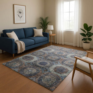 HomeRoots 8' Teal Gray and Blue Abstract Geometric Round Rug – Washable, UV Protected, Durable, Stylish Design 708979