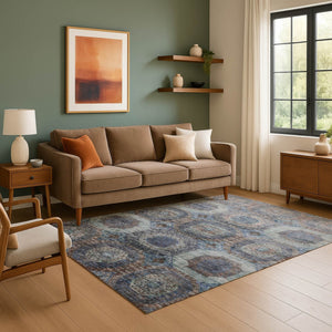 HomeRoots 8' Teal Gray and Blue Abstract Geometric Round Rug – Washable, UV Protected, Durable, Stylish Design 708979