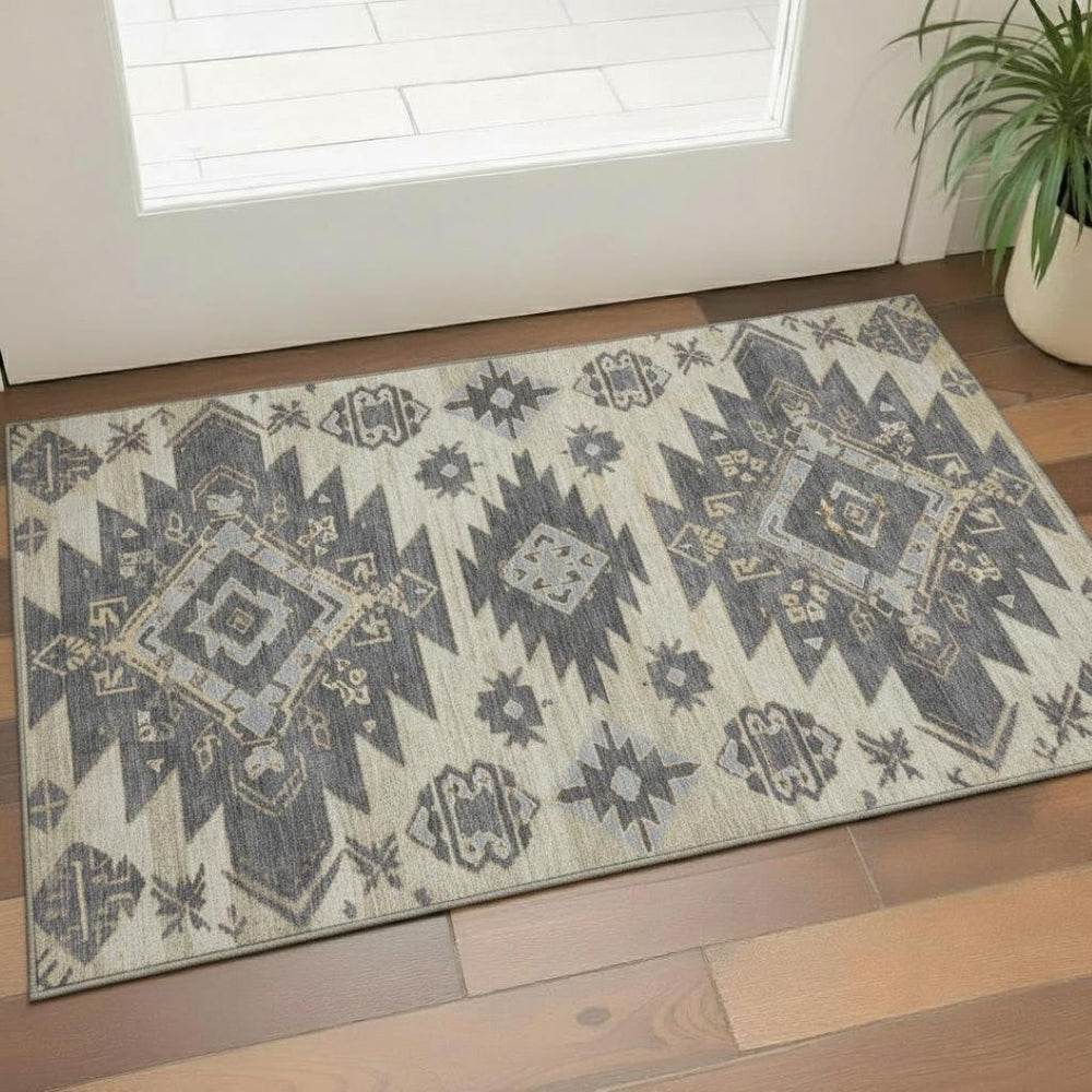 HomeRoots 5' X 8' Washable Beige Charcoal Gray Tribal Area Rug with UV Defense – Perfect for Homes with Kids! 708984