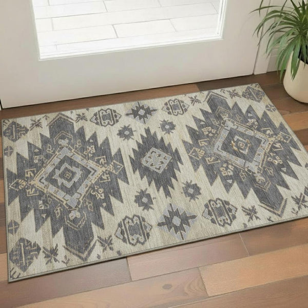 HomeRoots 5' X 8' Washable Beige Charcoal Gray Tribal Area Rug with UV Defense – Perfect for Homes with Kids! 708984