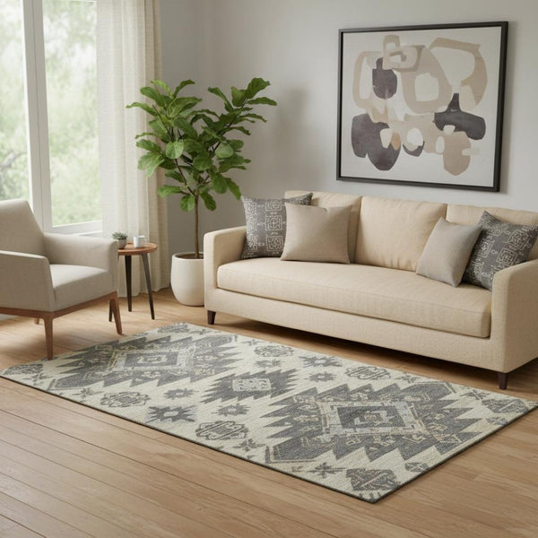 HomeRoots 8' Beige Charcoal and Gray Tribal Round Rug - Washable, UV-Protected, Soft, Durable for Busy Homes 708985