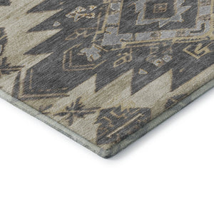 HomeRoots 8' Beige Charcoal and Gray Tribal Round Rug - Washable, UV-Protected, Soft, Durable for Busy Homes 708985