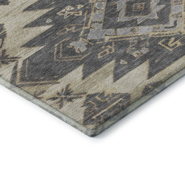 HomeRoots 8' Beige Charcoal and Gray Tribal Round Rug - Washable, UV-Protected, Soft, Durable for Busy Homes 708985