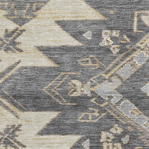 HomeRoots 8' Beige Charcoal and Gray Tribal Round Rug - Washable, UV-Protected, Soft, Durable for Busy Homes 708985