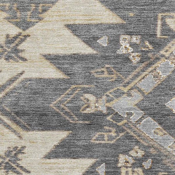 HomeRoots 8' Beige Charcoal and Gray Tribal Round Rug - Washable, UV-Protected, Soft, Durable for Busy Homes 708985