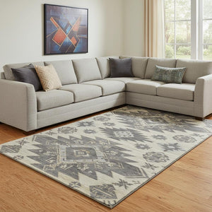 HomeRoots 9' X 12' Beige Charcoal Gray Tribal Area Rug - Washable, UV Protected, Stain-Resistant & Durable Design 708987