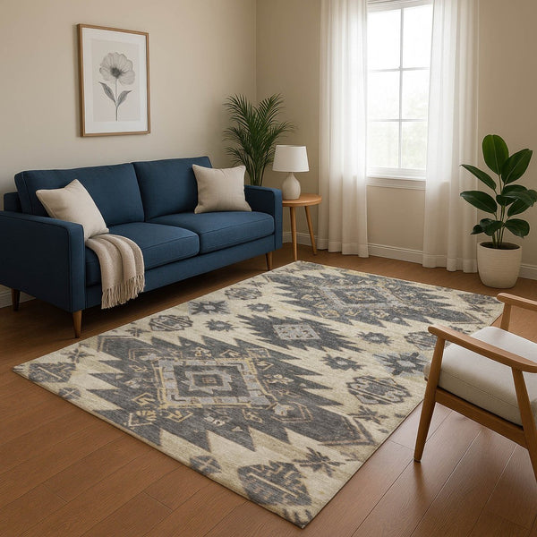 HomeRoots 9' X 12' Beige Charcoal Gray Tribal Area Rug - Washable, UV Protected, Stain-Resistant & Durable Design 708987