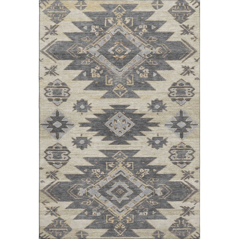 HomeRoots 9' X 12' Beige Charcoal Gray Tribal Area Rug - Washable, UV Protected, Stain-Resistant & Durable Design 708987