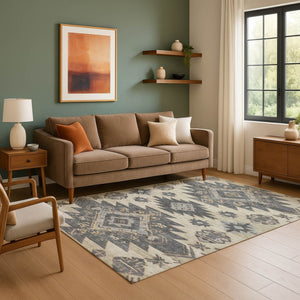 HomeRoots 9' X 12' Beige Charcoal Gray Tribal Area Rug - Washable, UV Protected, Stain-Resistant & Durable Design 708987