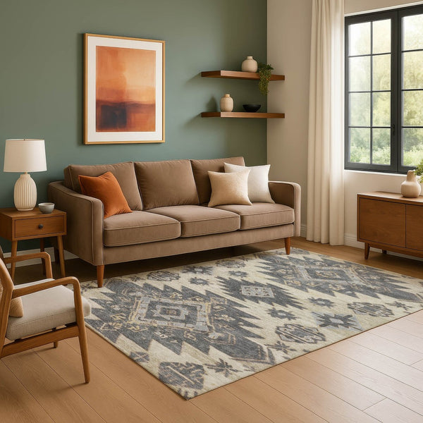 HomeRoots 9' X 12' Beige Charcoal Gray Tribal Area Rug - Washable, UV Protected, Stain-Resistant & Durable Design 708987