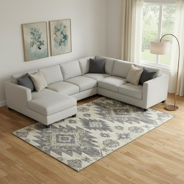 HomeRoots 10' X 14' Beige Charcoal & Gray Tribal Area Rug - Durable, Washable, UV-Resistant for Busy Homes 708988