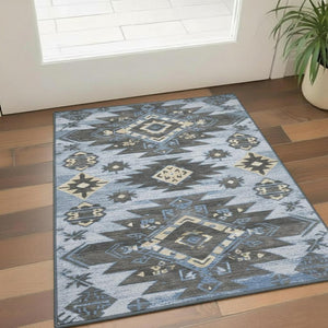 HomeRoots 5' X 8' Stylish Blue Charcoal Tribal Washable Area Rug with UV Protection for High-Traffic Homes 708990